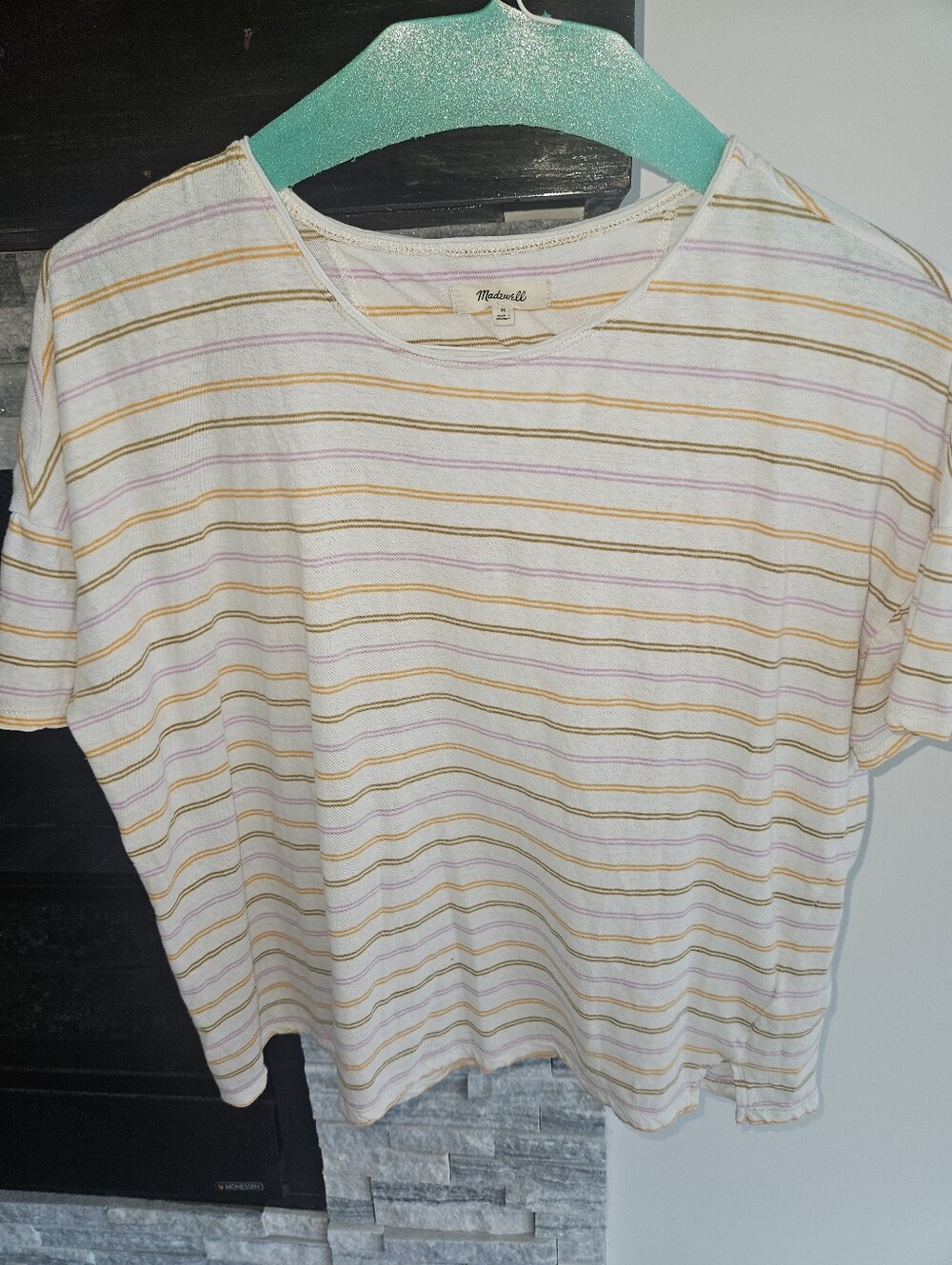 Madewell Cream Tee With Yellow, Lavender Stripes